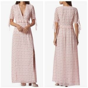 Avec Les Filles Constellation Print Wrap Maxi Dress Sz L Pink V-Neck Front Slits